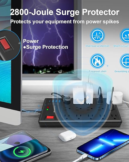 Surge Protector Power Strip 10 ft cord-15 Widely Spaced Outlets and 4 USB Ports(1 USB C Port),14 AWG Extension Cord,1875W/15A Heavy Duty Power Strip Surge Protector 10 ft Cord,2800J,Black