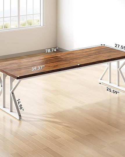 LITTLE TREE 78.7 Inch Large Executive Desk, Modern Computer Office Desk, Wooden Writing Desk Study Table for Home Office, Rustic Brown-White