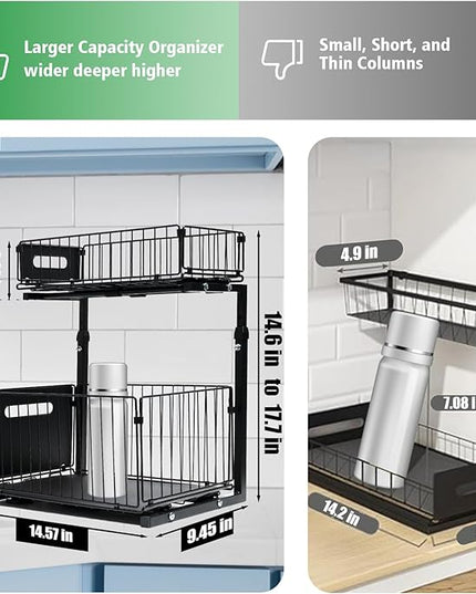 Under Sink Organizer, Multi-Purpose Sliding Cabinet Storage 2 Tier Sink Organizer, Adjustable Kitchen Organizers and Storage, Easy Install & Clean, Black