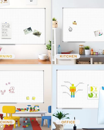 JILoffice Magnetic Dry Erase Planning Board, Grid Pattern White Board 48 x 36 Inch, Silver Aluminum Frame with Detachable Marker Tray for Office School and Home