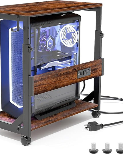 Height Adjustable Computer Tower Stand with Charge Station and USB Charging Port, 2-Tier ATX-Case Cart, Under Desk Mobile PC Stand, CPU Holder Cart with Locking Caster Wheels for Fits Most PC