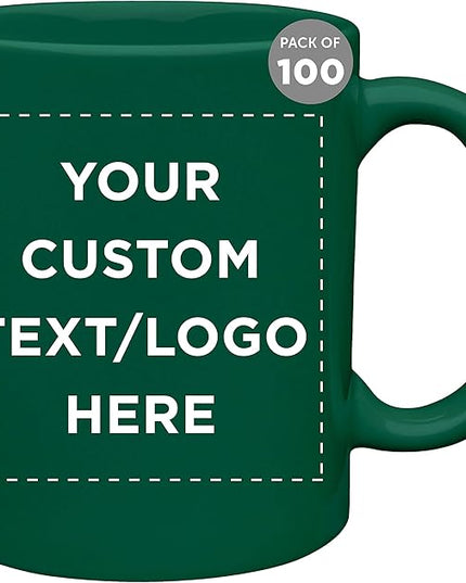Custom Ceramic Coffee Mugs 11 oz. Set of 100, Personalized Bulk Pack - Coffee cup set, Iced coffee cup, Gaming mug - Green