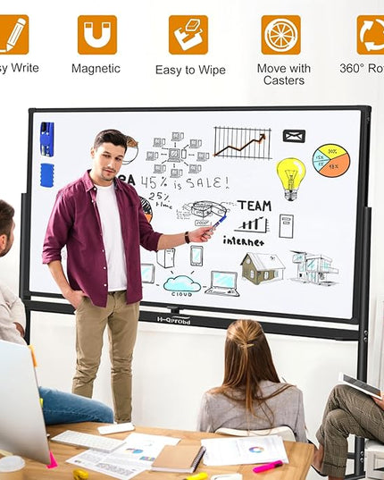 H-Qprobd Dry Erase Board with Stand 72"x40" Magnetic Mobile Whiteboard on Wheels Double-Sided Rolling Whiteboard for Office, Home & School