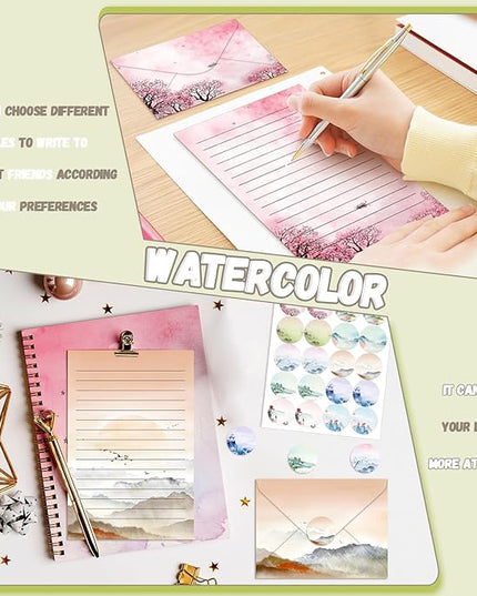 TaoBary 160 Pcs Stationery Paper Set 50 Double Sided Stationery Papers with 50 Matching Envelopes and 60 Round Dot Sticker, 10 Design(Ink Painting,8.5 x 11 Inch)