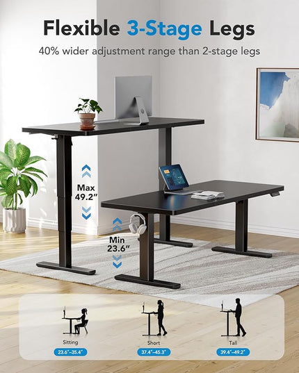 HUANUO 71x35 Inch 3-Stage Legs Electric Standing Desk, Large Height Adjustable Office Desk with Brushless Motor, Stand Up Desk with 4 Memory Presets & 2 Hooks, Computer Desk for Home Office, Black