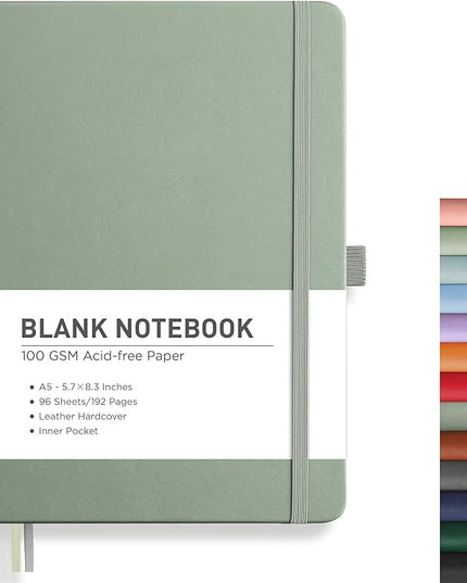RETTACY Blank Journal Notebook, 192 Pages, A5 Medium Size (5.7'' x 8.3''), Leather Hardcover, 100 GSM Thick Paper, for Sketching, Drawing, Painting (Sage Green)