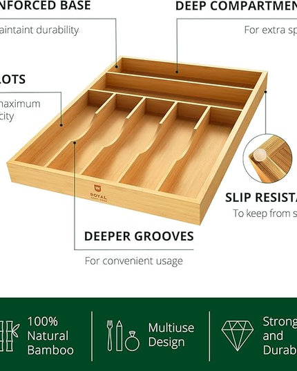 ROYAL CRAFT WOOD Luxury Bamboo Utensil Rack and Silverware Organizer, Kitchen Drawer Organizer - Utensil Holder and Cutlery Tray with Grooved Drawer Dividers for Flatware 7 Slot, Natural