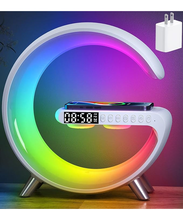 Smart LED Table Lamp, 5-in-1 Night Light Fast Wireless Charging Station, 256 Lights Mode Dimmable Bedside Lamp, Bluetooth Speaker & App Control for Bedroom, Home Decor, Alarm Clock for Festival Gifts