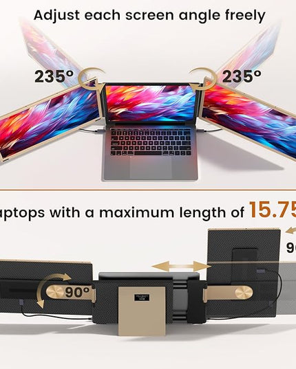 Laptop Extender 15.6-inch, 1080P FHD Portable Monitor with 120% sRGB, 235Rotation Detachable Screen, Plug & Play, Triple Screen Laptop Monitor Extender Compatible with Windows, Mac, Chrome