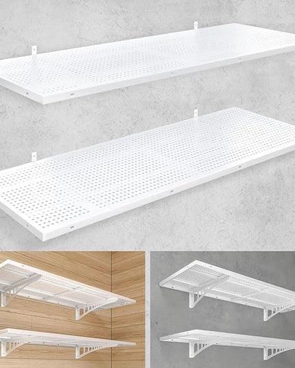 2-Pack 1.5x4ft Heavy Duty Garage Wall Shelving, 500 lbs Load Capacity, Garage Shelving Wall Mounted, Storage Rack with Hooks, White