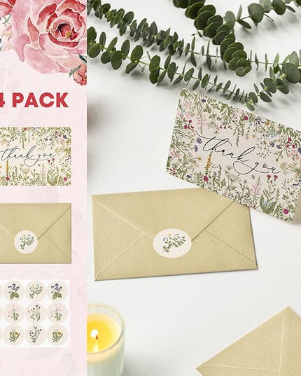 Artoid Mode 24 Pack Leaves Wildflower Thank You Cards Flower Greeting Cards Gift With Envelope Sticker Blank Note Cards for Birthday Wedding Baby Shower Bridal Shower, 4 x 6 Inch