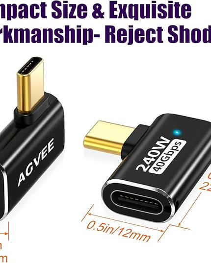 AGVEE 2 Pack Side Angle USB4 USB-C Male to USB-C Female Adapter Converter Video USB 4.0 240W 40G Data Extension Coupler Connector, Black