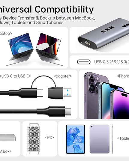 SSK 1TB SSD External Hard Drive, Portable SSD Up to 550MB/s Fast Solid State Drives, External Drive USB 3.2 Gen2 for iPhone 15/Pro, Windows, Mac, Android with LED Light, Trim, Smart Supported