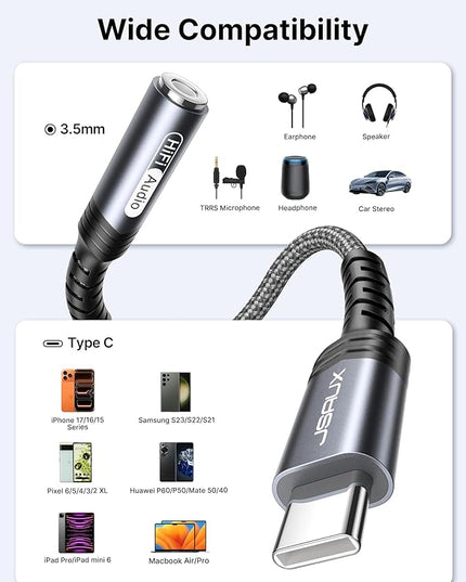 JSAUX USB Type C to 3.5mm Female Headphone Jack Adapter, USB C to Aux Audio Dongle Cable Cord Compatible with iPhone 17 Pro Max/16 Pro/15, Samsung Galaxy S24/S23/S22 Ultra, iPad Pro, Pixel 9/8 Grey