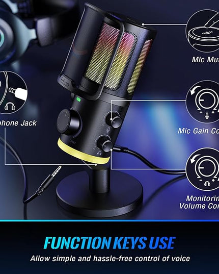 FIFINE Gaming PC Microphone, USB Streaming Microphone with Game Chat Balance, Computer Condenser Desktop RGB Mic with Mute Button, Noise Cancellation for Podcast/Twitch/Discord-AMPLIGAME AM6