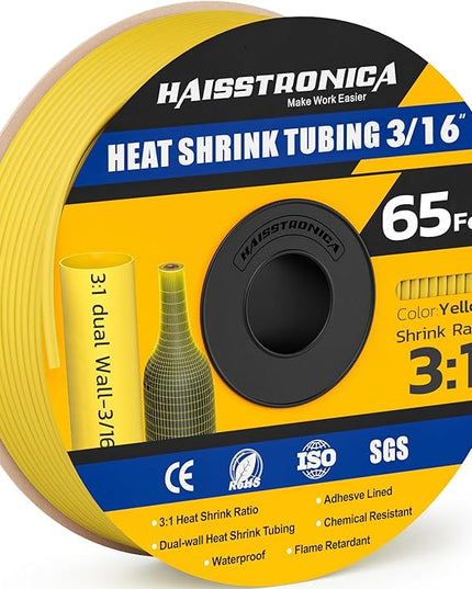haisstronica 3:1 Heat Shrink Tubing, Shrink Ratio Adhesive Lined Marine Grade Heat Shrink Tube for Home, Automotive and Industrial (Yellow) 65FT 3/16inch