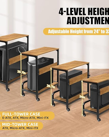 2-Tier Computer Tower Stand Adjustable, Gaming PC Floor Stand Large for ATX, E-ATX, ITX, Rolling PC Tower Cart with Guardrail, Metal Locking Wheels, 32.7" X 21.6" X 15.8",Walnut