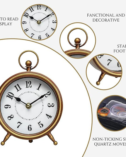 MACVAD EMAX Home Vintage Small Table Clock on Stand,Desk and Shelf Clock Decorative Farmhouse Mantel Non-Ticking Clock Rustic Metal Frame with Antique Gold Finish 9.3 Inch…