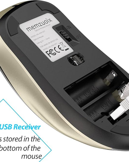 memzuoix 2.4G Wireless Mouse, 1400 DPI Computer Mice with USB Receiver, Portable Wireless USB Battery Powered Cordless Mouse for Laptop, PC, Desktop, 5 Buttons (Black Gold)