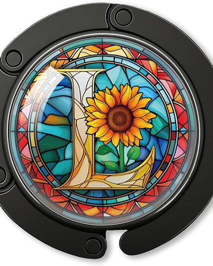 YAZMEEN Stained Glass Initial Foldable Purse Hook for Table, Stained Glass Letter L, Women's Handbag Hanger Holder, Portable Purse Table Hanger, Funny Desk Hook Gifts for Mom Wife Sister Friend BFF