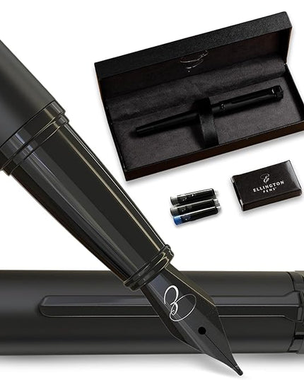 Ellington Pens Luxury Fountain Pen Set - Smooth Medium Nib - Includes 3 Ink Cartridges, Refillable Ink Converter, Gift Box - Fountain Pens For Writing, Calligraphy, Journaling, Sketching (The Stealth)