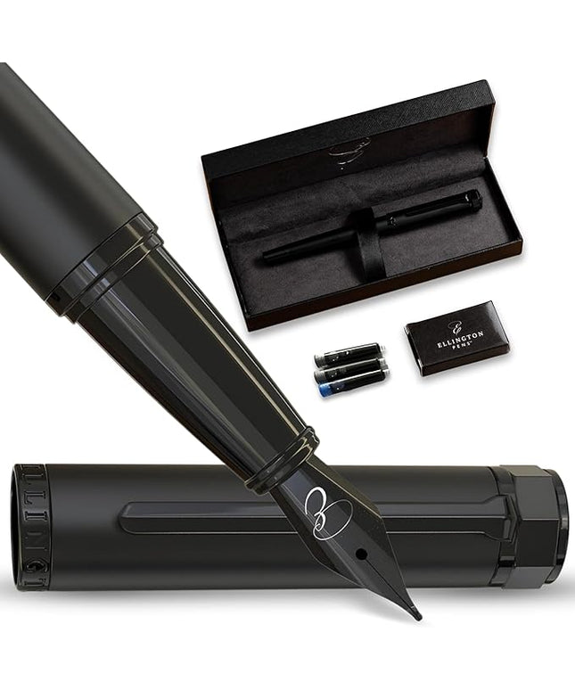 Ellington Pens Luxury Fountain Pen Set - Smooth Fine Nib - Includes 3 Ink Cartridges, Refillable Ink Converter, Gift Box - Fountain Pens For Writing, Calligraphy, Journaling, Sketching (The Stealth)