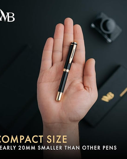 Wordsworth and Black Fountain Pen Mini EDC: Luxury Black Heavy Pocket Pen, Gold Finish, Medium Nib, 6 Ink Cartridges, Ink Converter, Travel Refillable Writing Pen Gift Set, Men & Women