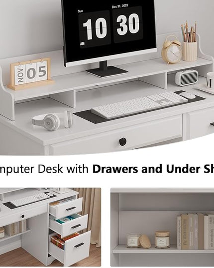 4 EVER WINNER White Desk with Drawers, Small Desk with File Drawer for Small Spaces, Writing Desk with Monitor Stand Wood Table for Study Home Office, White