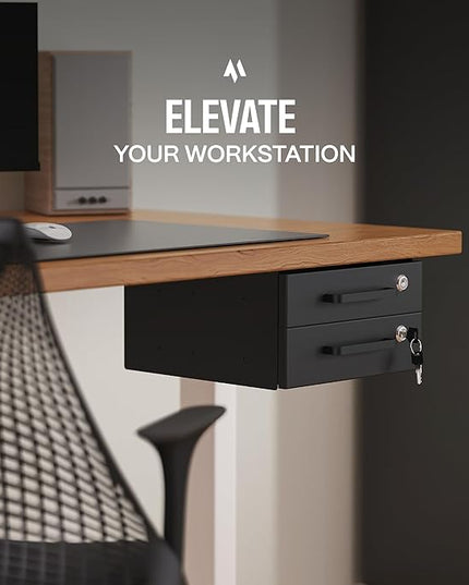 Under Desk Drawer Slide-Out – Lockable Metal Storage Drawers with Cable Management for Office & Home (Double, Non-Bracketed)