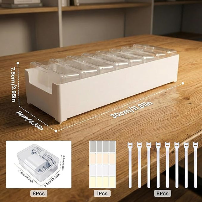 8 Individual Cable Organizer Boxes With Base, Cord Storage Organizer With Labels And Cable Straps For Charging Cables, Adapters, Earphones And Small Electronic Accessories