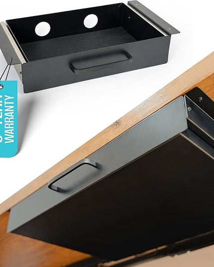 Under Desk Drawer Slide Out Attachment - Carbon Steel Undermount Table Drawer with Cable Management, Pull Out Add-On Storage for Office & Standing Desks (13" x 8" x 2.8")