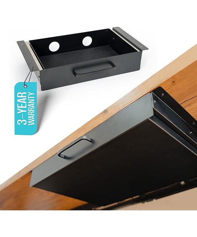 Under Desk Drawer Slide Out Attachment - Carbon Steel Undermount Table Drawer with Cable Management, Pull Out Add-On Storage for Office & Standing Desks (13" x 8" x 2.8")