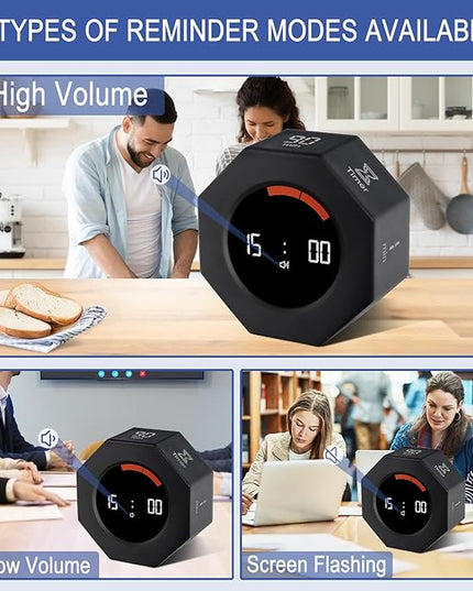 GuDoQi Digital Productivity Timer, Octagon Rotating Pomodoro Timers with Gravity-sensor, 1-3-5-15-30-60-90 Min Countdown, Portable Adjustable Sound Alert Multi Desk Timer or Study Task, Kitchen, Black