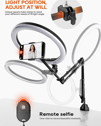 Upgrade Ring Light Overhead Phone Mount, 12”Circle LED Desk Ring Light with Clamp for Video Recording,Flexible Articulating Phone Arm Stand Compatible with iPhone,Live Streaming YouTube Tiktok