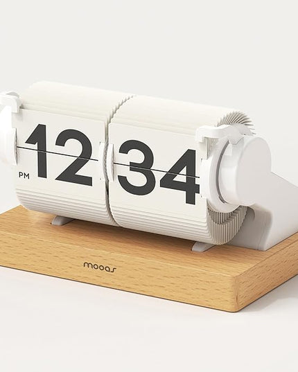 mooas Automatic Mini Flip Clock, Retro Vintage Automatic Flip Desk Clock, Timer Calendar Alarm, Snooze, Desk Clock Large Number USB-C Rechargeable, Ideal for Home Office School Hotel Café (White)