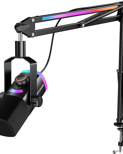 FIFINE Gaming Microphone Kit, XLR/USB Dynamic PC Microphone with Boom Arm for Podcast Recording, RGB Streaming Mic Set, Tap-to-Mute, Mix Control, Headphone Jack-AmpliGame AM8PROT