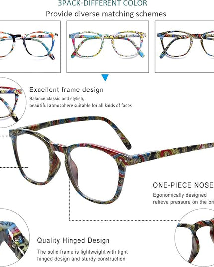 Henotin 3-Pack Blue Light Blocking Reading Glasses,Spring Hinge Computer Readers for Men Women,Anti UV Ray Filter Eyeglasses (readers for women, 1.75)