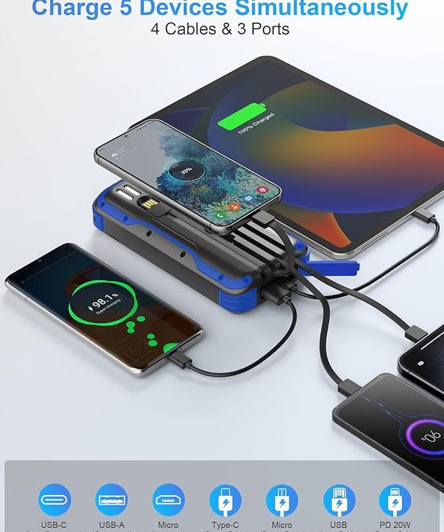 Solar Charger Power Bank, PD 20W Fast Charging External Batter, 40000mAh Portable Phone Charger Built in 4 Cables with Dual Bright Flashlights for Camping, Hiking, and Outdoor Use (Blue)