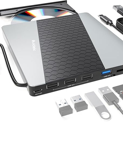 External CD DVD Drive, USB 3.0 USB C Portable CD DVD +/-RW Burner DVD Player for Laptop with SD/Micro SD Card Reader 8 in 1 Hub Compatible with Laptop Mac PC Windows Linux