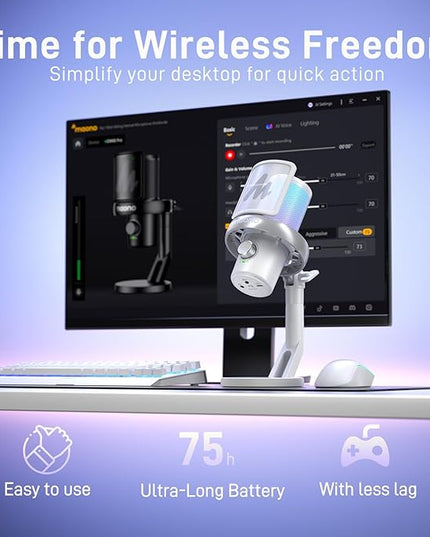MAONO Wireless Microphone for PC, Condenser USB Mic with Software AI Voice Change,3-Level Noise Cancellation,Custom EQ, RGB Gaming Streaming Mic for Podcast PS5 PS4 Twitch YouTube (DM40 Pro-White)