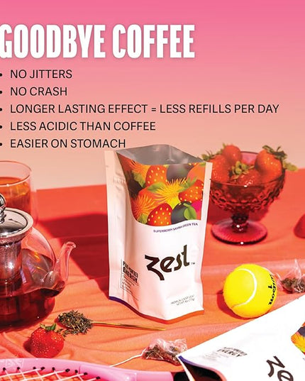 Zest Energy Green Tea - Superberry Samba - High Caffeine Strawberry, Acai, & Passion Fruit Tea - Caffeinated Coffee Altnernative with Antioxidants - Natural, Non-GMO & Keto - 20Ct Pack - 135mg Caf