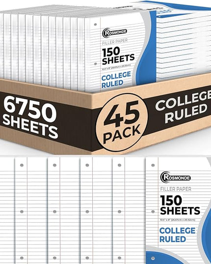 Rosmonde Loose Leaf Paper Bulk, 6750 Sheets, 45 Pack, College Ruled Sheets, 8 x 10.5", 150 Sheets/Pack, 3 Hole Punch, Bulk Notebook Paper, Filler Sheets, Fits Standard Binders, Fights Ink Bleed, White