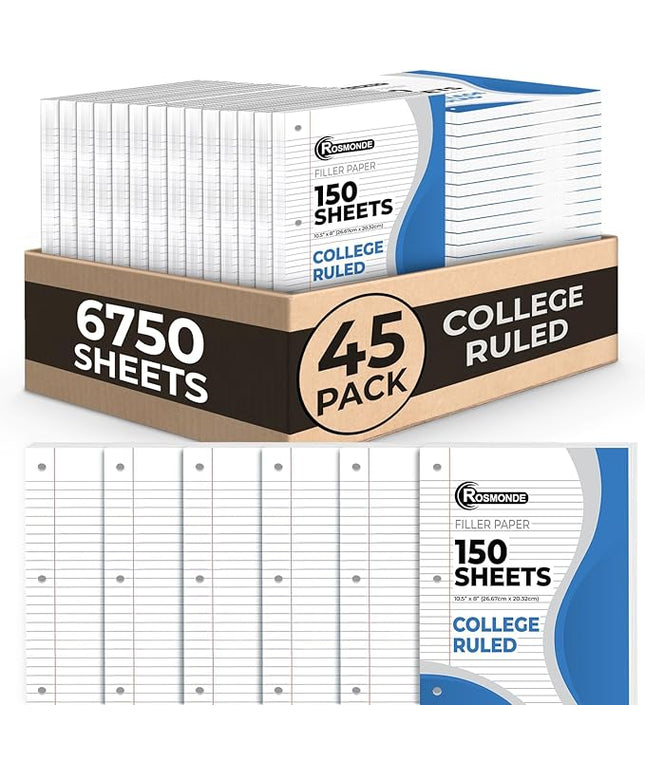 Rosmonde Loose Leaf Paper Bulk, 6750 Sheets, 45 Pack, College Ruled Sheets, 8 x 10.5", 150 Sheets/Pack, 3 Hole Punch, Bulk Notebook Paper, Filler Sheets, Fits Standard Binders, Fights Ink Bleed, White