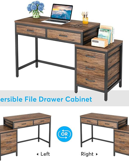 Tribesigns Computer Desk with 5 Drawers, Home Office Desks with Reversible Drawer Cabinet Printer Stand, Industrial PC Desk with Storage, Rustic Study Writing Table Workstation for Small Spaces