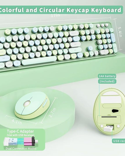 Wireless Keyboard and Mouse Combo, Ergonomic Full Size Typewriter Retro Round Keycaps Keyboard, Compatible with Windows, PC, Perfer for Home and Office Keyboards (Green