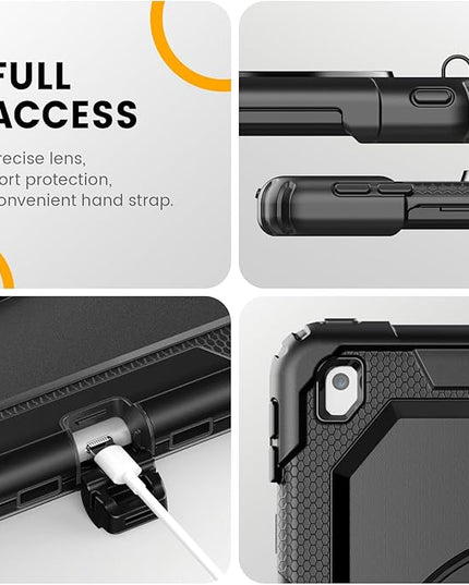 Timecity Case for iPad 9th/ 8th/ 7th Generation 10.2 inch - Heavy Duty Protective Cover with Screen Protector, Rotating Stand, Shoulder Strap & Pencil Holder | Kids-Friendly (Black)