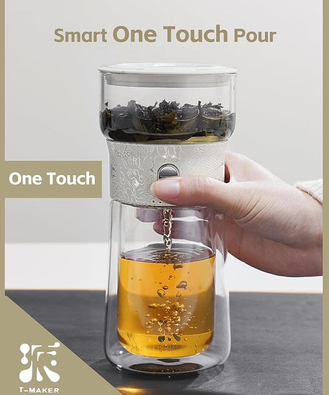 ZENS Cool Glass Teapot with Infuser, Smart One Touch Tea Maker for Loose Tea Diffusers with Insulated Mug and Portable Tea Kits, Enchanted Teapot Alternatives for Tea Lover Gifts