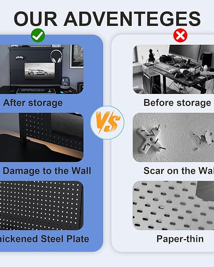 KEIKI Clamp-On Desk Pegboard with Single Monitor Stand, 43" x 35" Steel Peg Board Office Organizer with Hooks, Movable Panel & Shelf for Office Supplies, Gaming Setup & Desk Organization, Black
