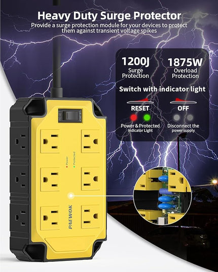 Heavy Duty Power Strip15 Amps/1200 Joules, 12 Outlets Industrial Magnetic Surge Protector, 6.5 FT Extension Cord for Industrial Shop Garage (Yellow)
