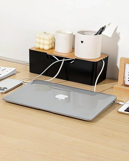 BUYSK ABS Cord Organizer Box with Wooden Lid, Cable Management Box for Power Strips or Surge Protectors, Desk Cable Tidy Box for Office Home(Black)